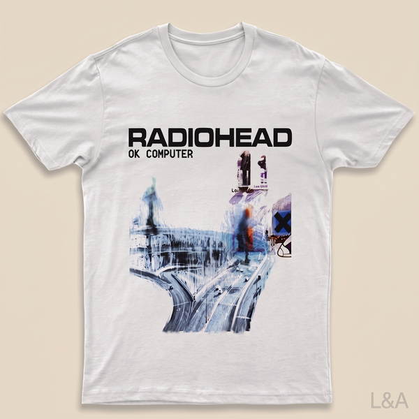Radiohead OK Computer Album Cover T-Shirt - flat lay on cream background