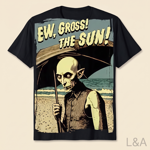 Gothic Vampire Graphic T-Shirt - warm cream background, corrected tint